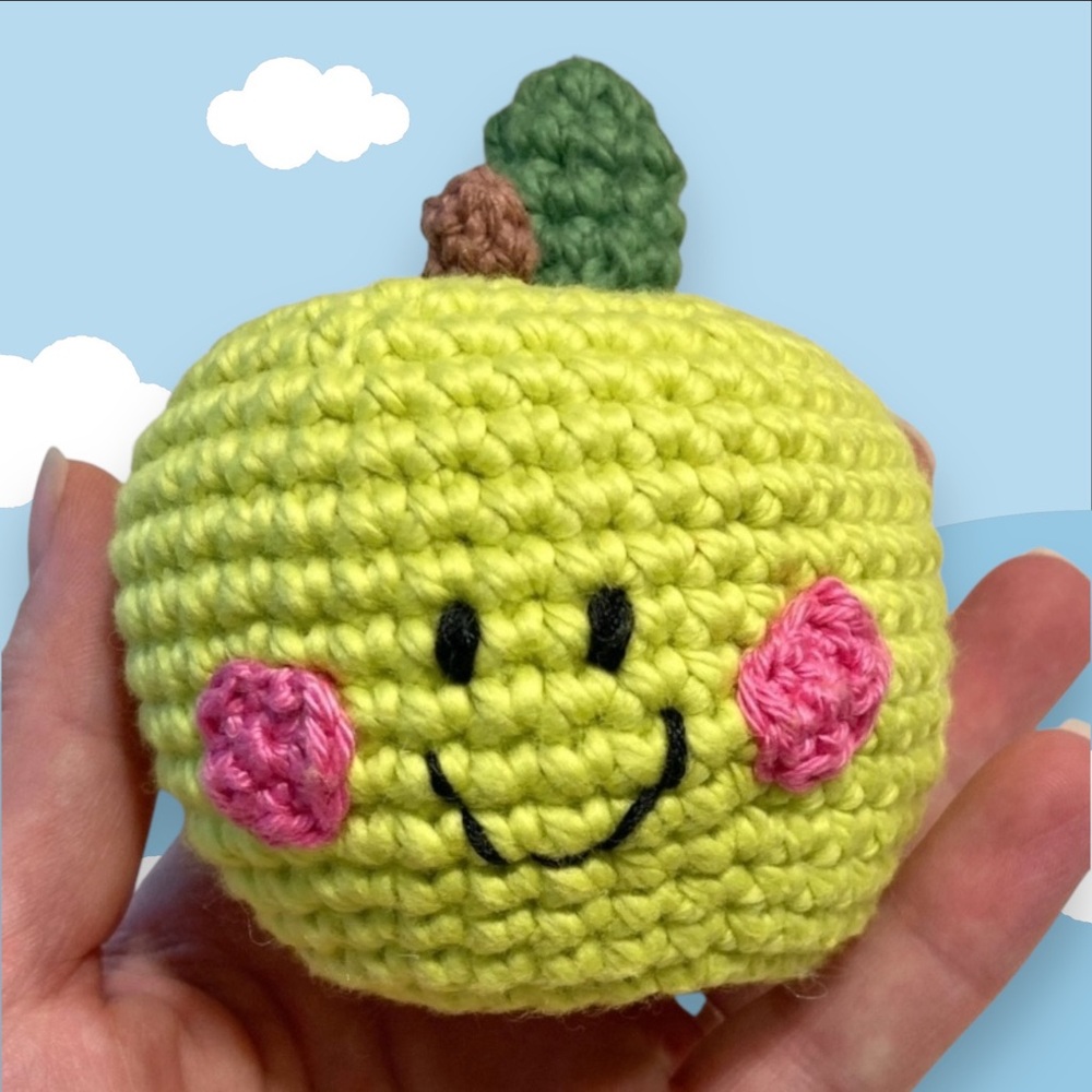 Organic crochet cotton green apple play food rattle NWT handmade made to order